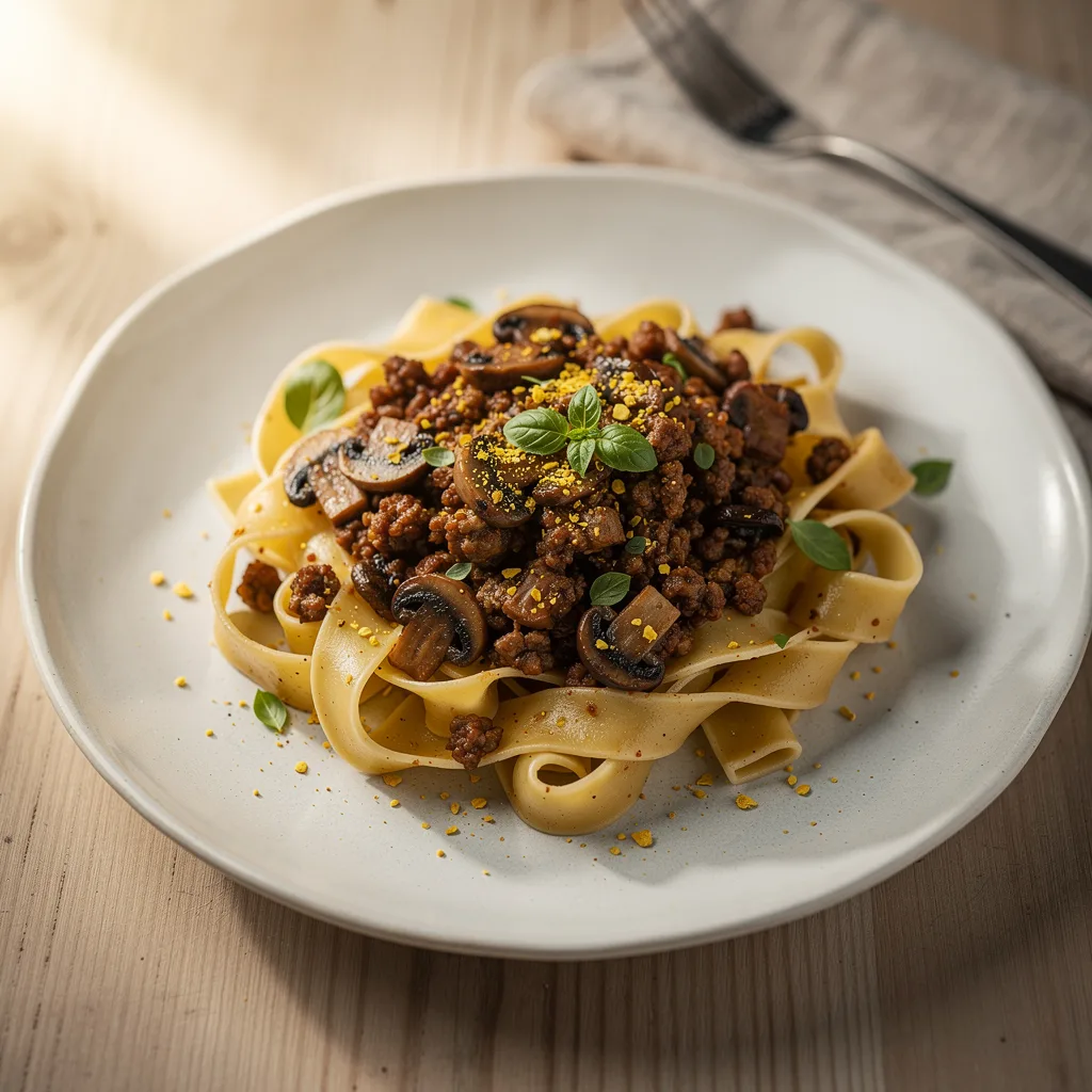A plate of wide pappardelle pasta topped with a dark, chunky mushroom-walnut bolognese sauce, garnished with fresh basil and nutritional yeast.. Professional food photography, overhead 3/4 angle shot, warm natural window lighting from the left, shallow depth of field with soft bokeh background, light natural wood table surface, minimal props, hyper-realistic, 8K resolution, shot on 85mm lens at f/2.8 aperture, food magazine editorial style, vibrant but natural colors, no text or watermarks.