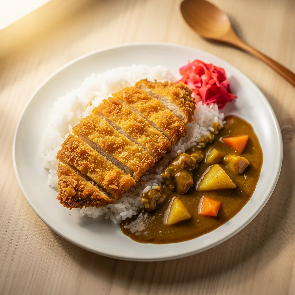 A plate of crispy panko-breaded tofu cutlet sliced into strips alongside a pool of golden-brown Japanese curry sauce, over steamed rice with pickled ginger.. Professional food photography, overhead 3/4 angle shot, warm natural window lighting from the left, shallow depth of field with soft bokeh background, light natural wood table surface, minimal props, hyper-realistic, 8K resolution, shot on 85mm lens at f/2.8 aperture, food magazine editorial style, vibrant but natural colors, no text or watermarks.