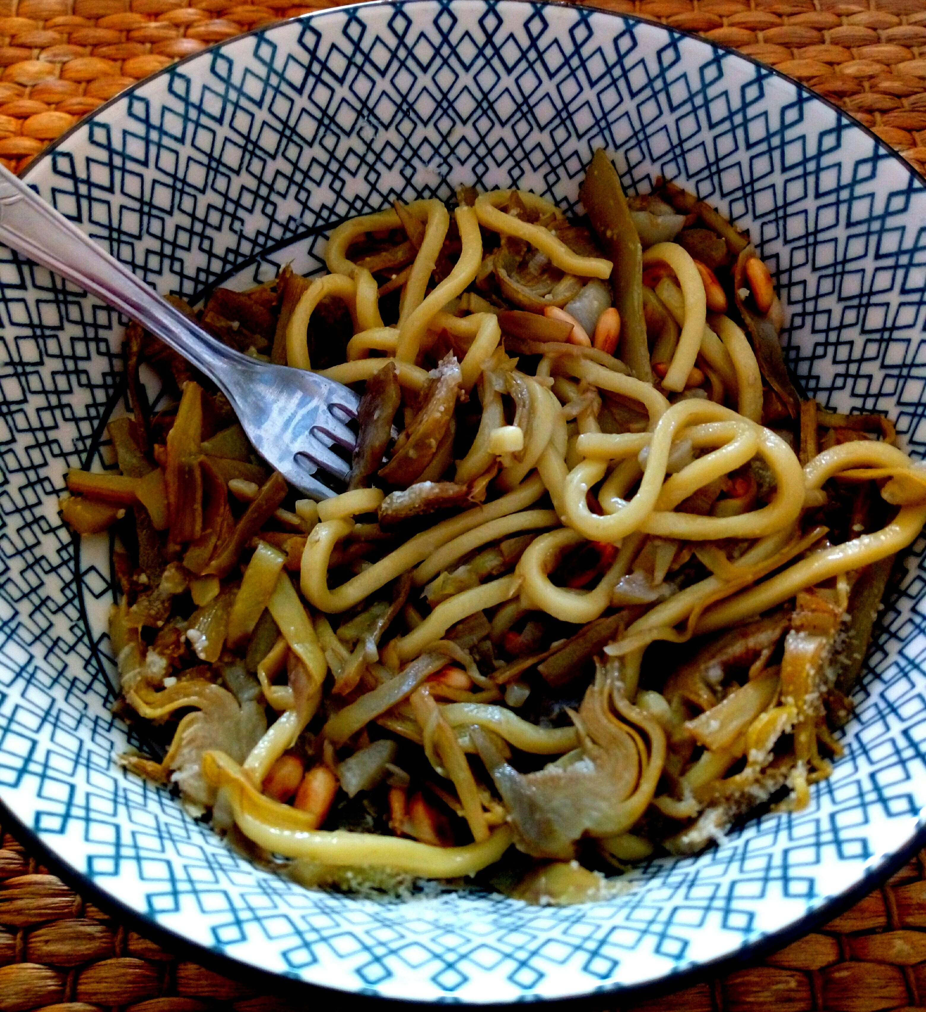 a bowl of noodles with meat and vegetables
