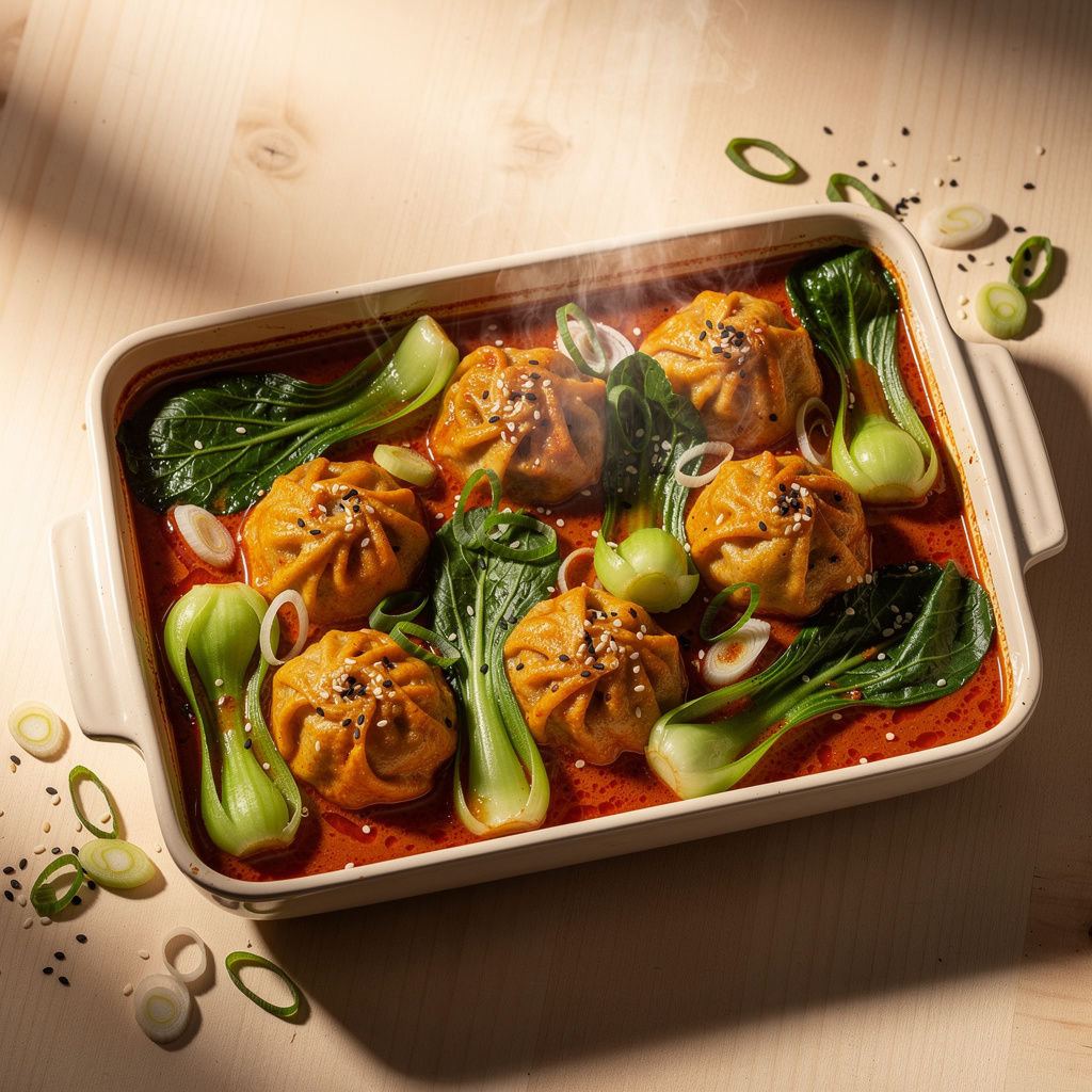 Red curry dumpling bake with bok choy, scallions, and sesame seeds in a baking dish.
