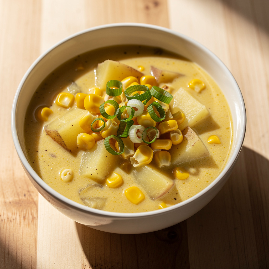 Creamy corn chowder in a bowl with golden corn kernels, diced potatoes, and green onions.