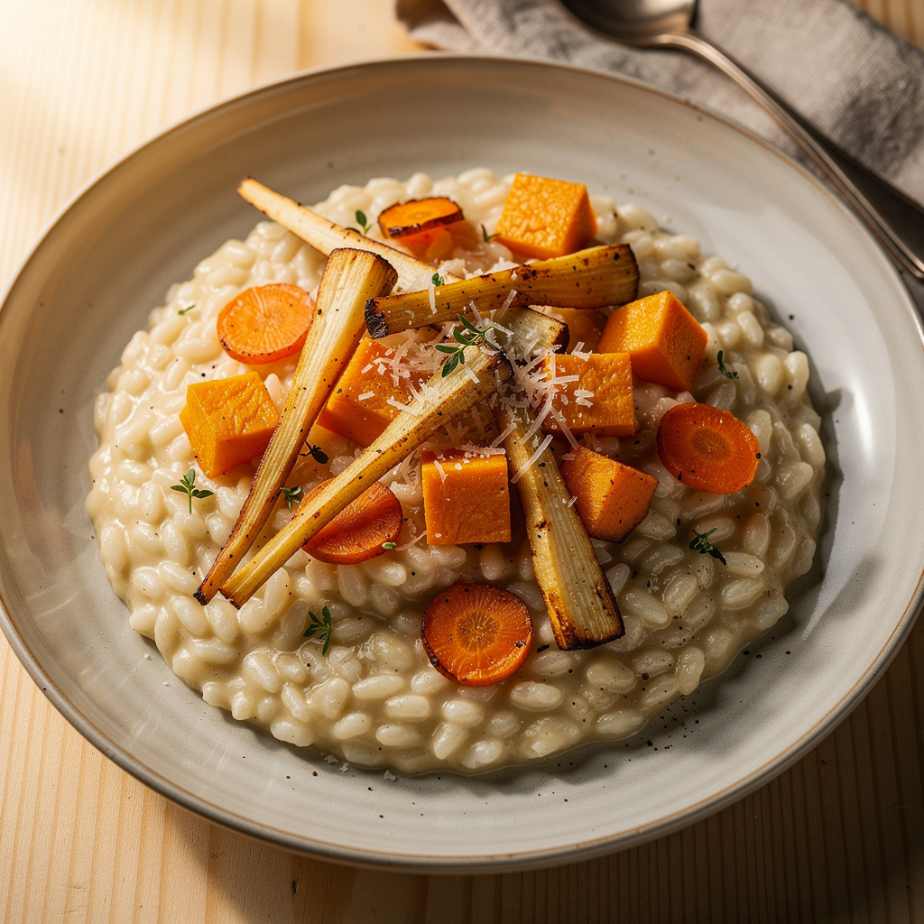 Creamy risotto topped with roasted butternut squash, carrot, and parsnip in a wide bowl.