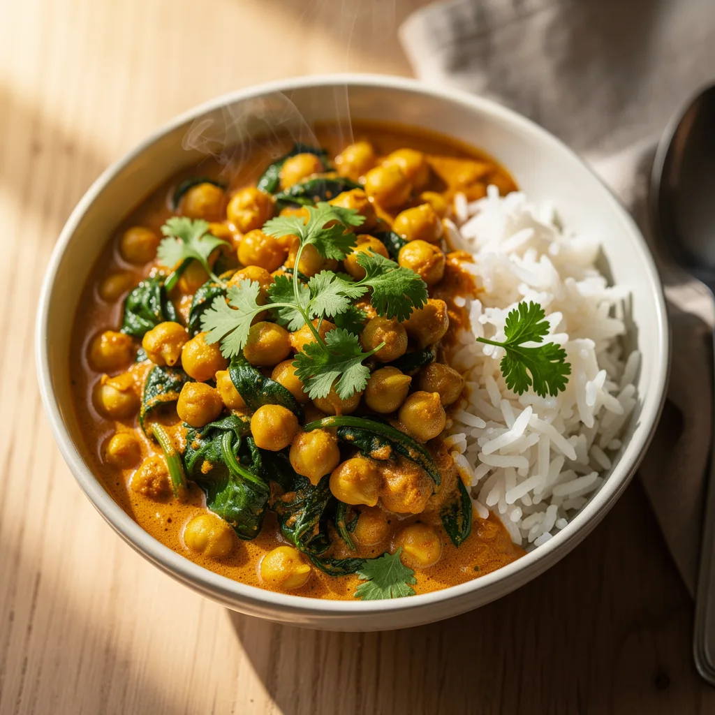 A bowl of golden chickpea curry with wilted spinach in a creamy coconut-tomato sauce over basmati rice, topped with fresh cilantro.