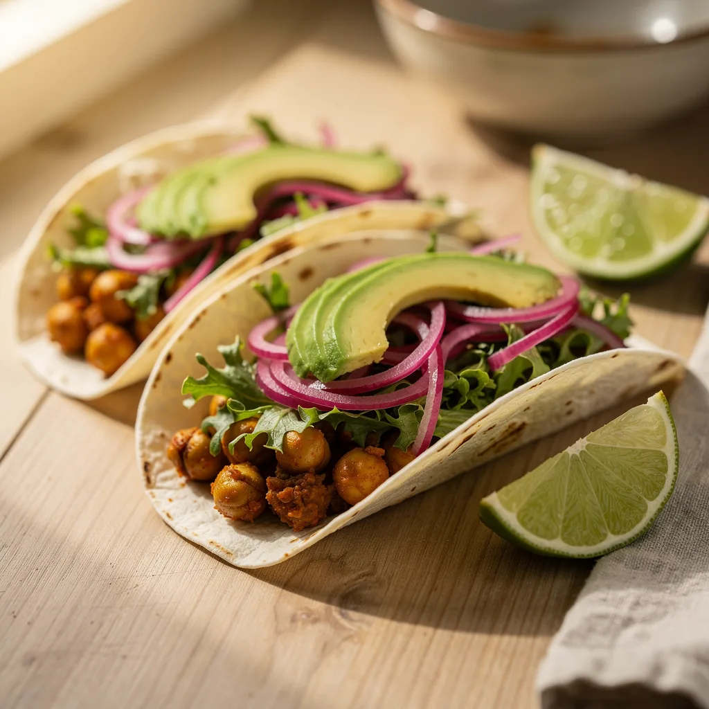 Three flour tortilla tacos filled with smoky mashed chipotle chickpeas, shredded lettuce, pickled red onion, and sliced avocado, with lime wedges.