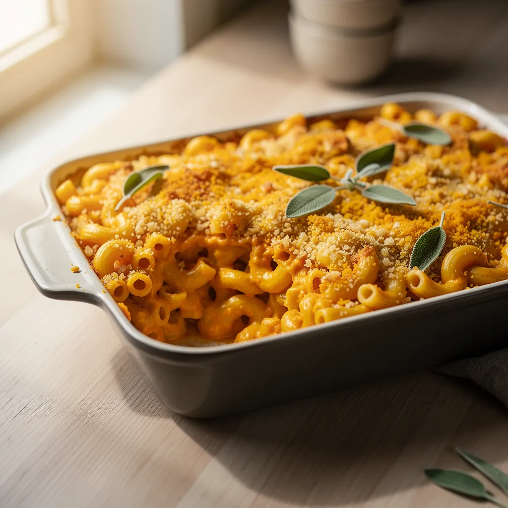 A baking dish of creamy orange pumpkin mac and cheese with a panko breadcrumb topping, a few sage leaves scattered on top.