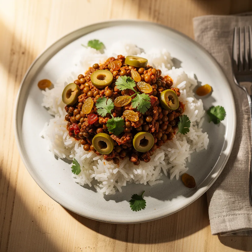 A plate of fluffy white rice topped with a saucy lentil picadillo studded with green olives and raisins, garnished with fresh cilantro.