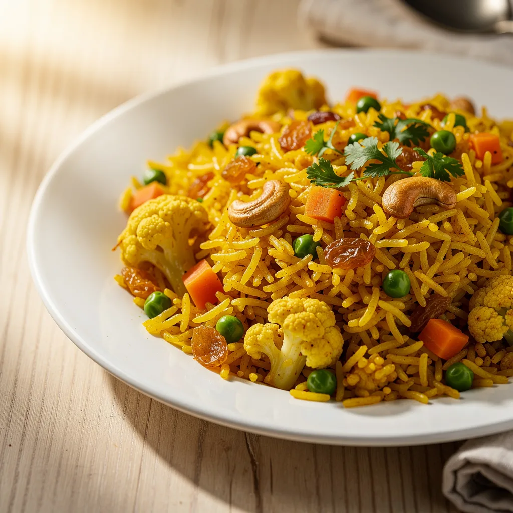 A plate of golden-yellow vegetable biryani rice studded with green peas, carrots, cauliflower, golden raisins, and toasted cashews, garnished with fresh cilantro.