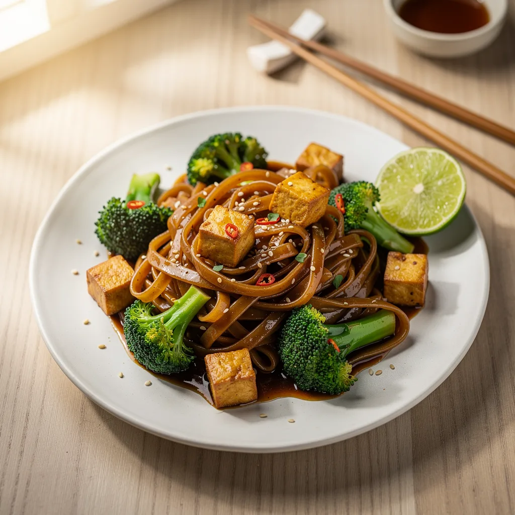 A plate of wide, glossy rice noodles stir-fried with broccoli florets and golden tofu cubes in a dark soy sauce, with a wedge of lime.