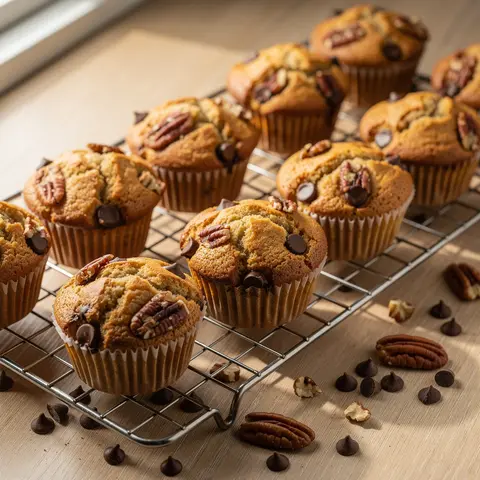 Golden banana chocolate pecan muffins on a wire rack with chocolate chips scattered around.