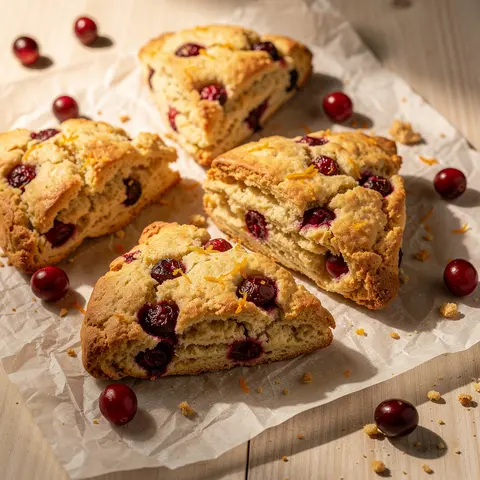 Golden cranberry orange scones on parchment, studded with bright red cranberries.