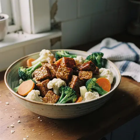 A bowl of tempeh crumbles in a spicy mustard-soy glaze with steamed mixed vegetables.