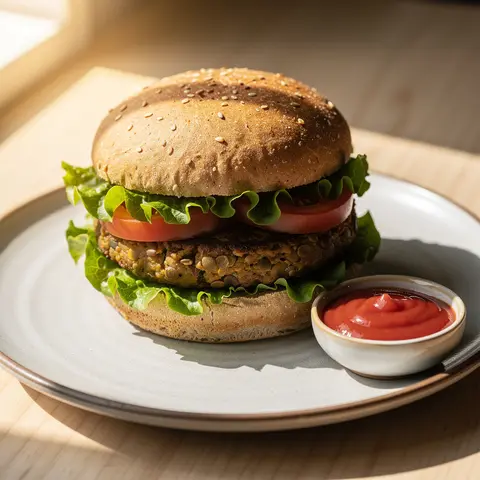 Lentil burger with lettuce and tomato on a toasted whole wheat bun, ketchup on the side.