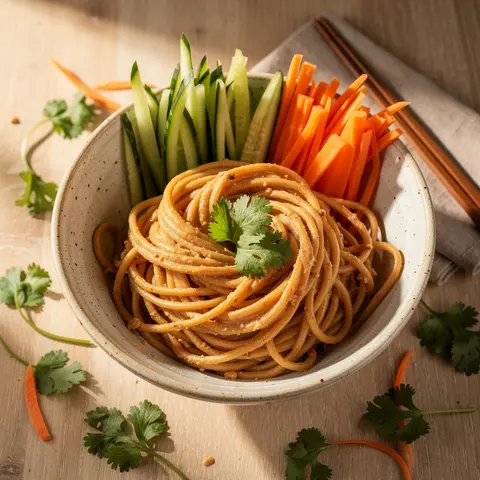 Thai peanut noodles with julienned cucumber, carrots, and cilantro in a large bowl.