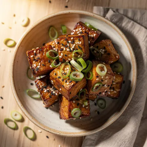 Crispy miso sesame tofu bites topped with sesame seeds and scallions in a bowl.
