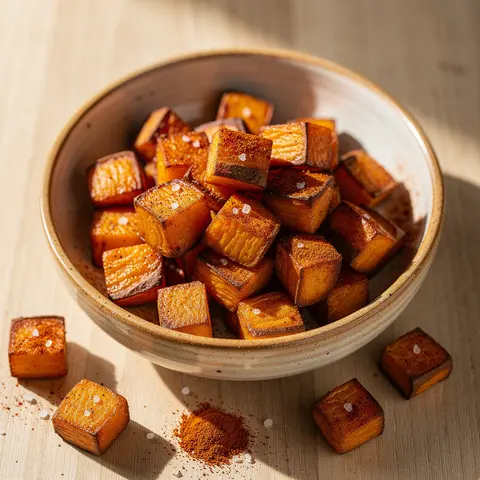 Crispy air fryer sweet potato cubes seasoned with smoked paprika in a serving bowl.