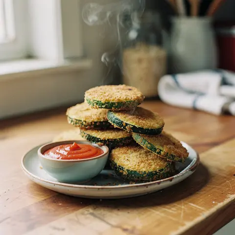 Crispy baked zucchini bites served with a bowl of marinara dipping sauce