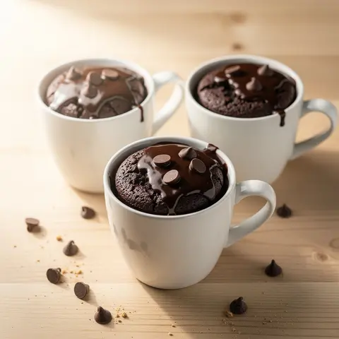 Four chocolate mug cakes with melted chocolate chips in microwave-safe mugs.