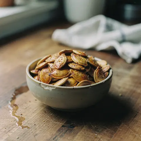 Bowl of tamari-glazed roasted pumpkin seeds with spice flecks