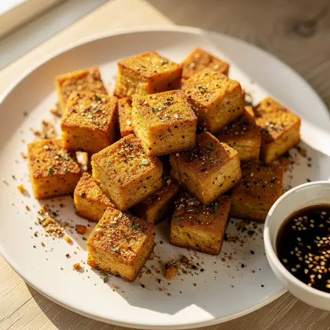 Golden crispy air fryer tofu cubes on a plate with a savory seasoned coating.