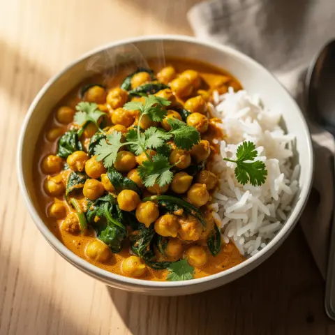 A bowl of golden chickpea curry with wilted spinach in a creamy coconut-tomato sauce over basmati rice, topped with fresh cilantro.