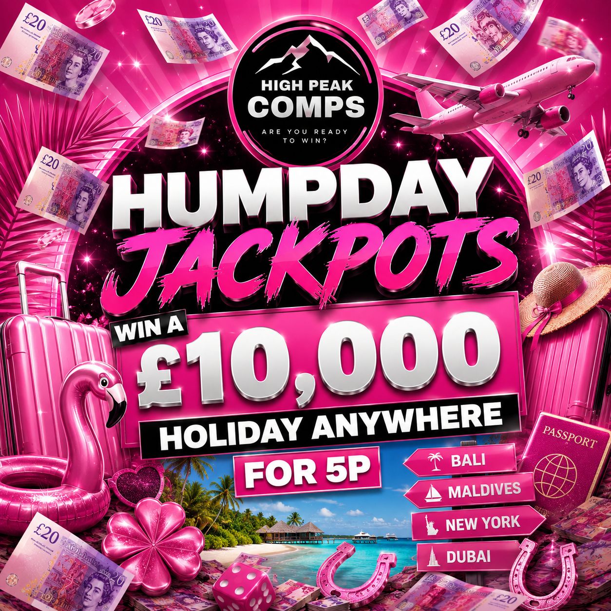 HUMPDAY JACKPOTS - £10,000 HOLIDAY ANYWHERE FOR 5p!