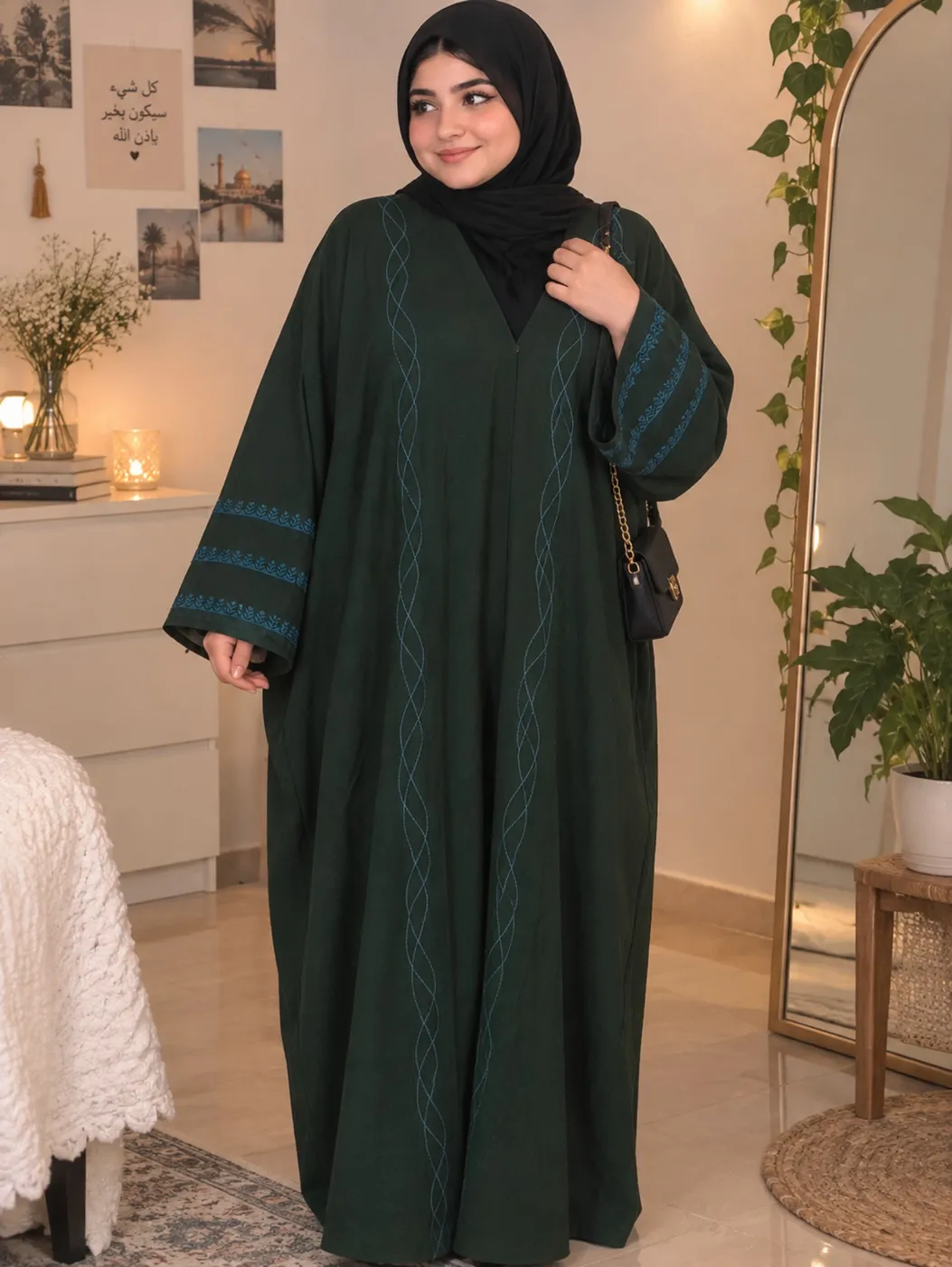 عباية نسائية خضراء بتطريز أزرق