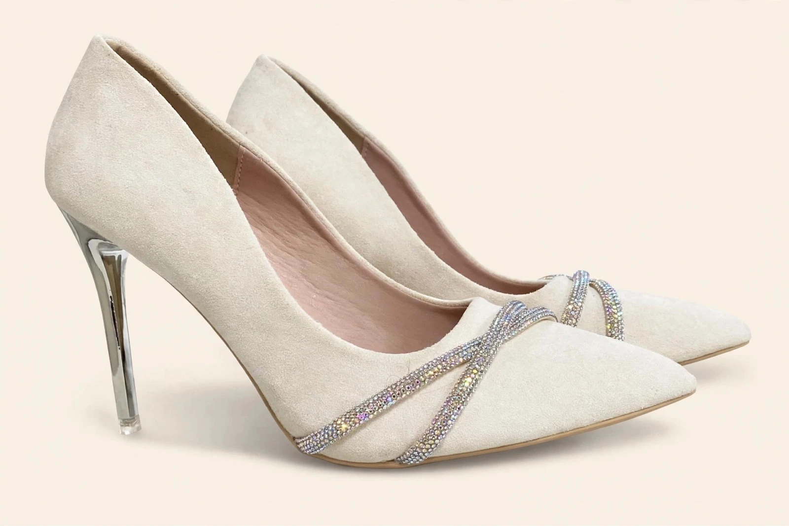 حذاء نسائي كعب عالي لون بيج مع كريستال | Women's High Heel Shoes Beige with C...