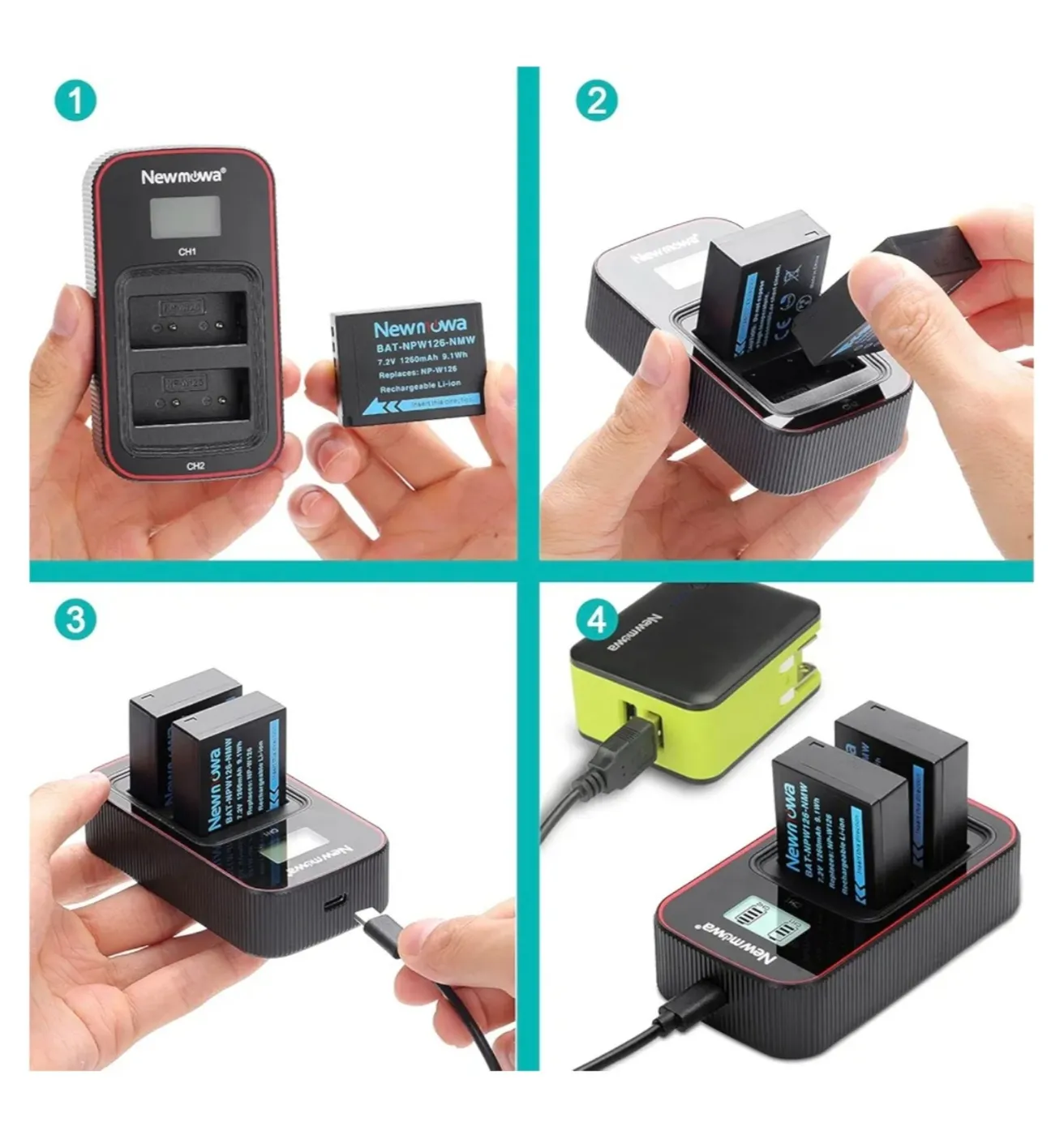 شاحن بطاريات Newmowa مزدوج لـ NP-W126 - صورة 4
