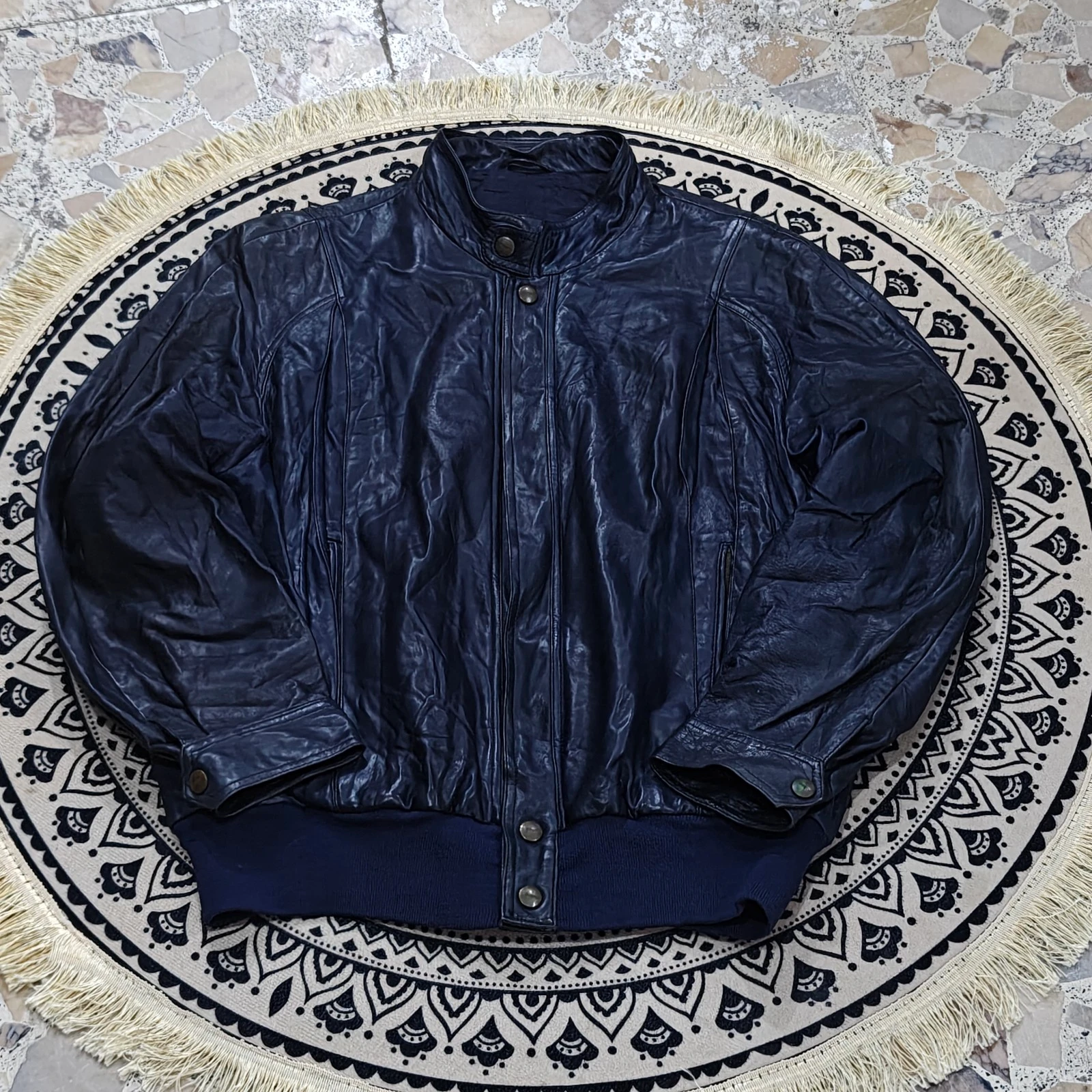 جاكيت جلد أزرق غامق | Dark Blue Leather Jacket