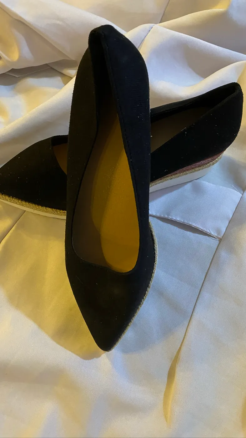حذاء فلات نسائي أسود شمواه بنعل خيش | Women's Black Suede Espadrille Flats