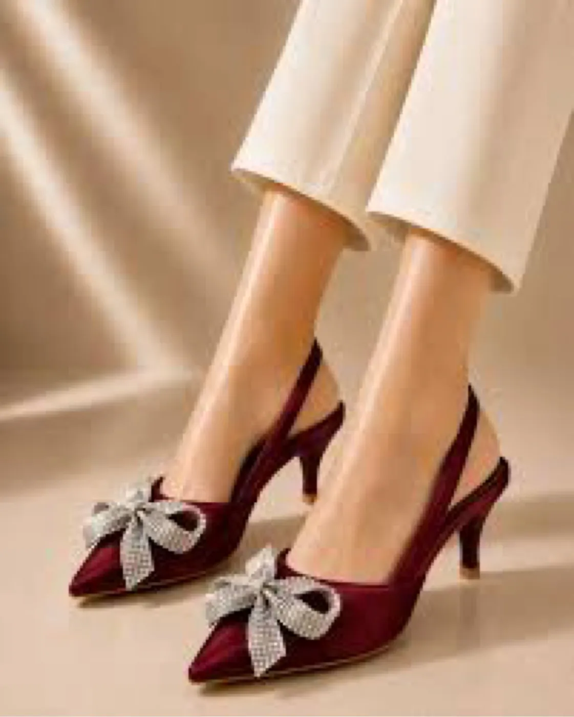 حذاء نسائي كعب عالي لون ماروني مع فيونكة كريستال | Women's Maroon High Heels ...