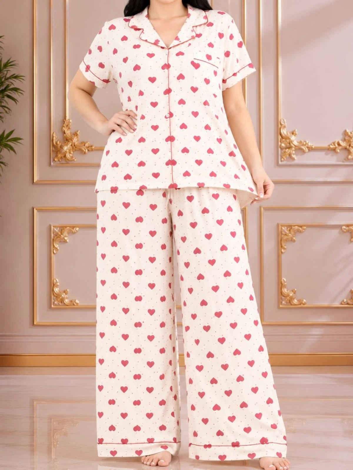 بيجامة نسائية بنقشة قلوب | Women's Heart Print Pajama Set