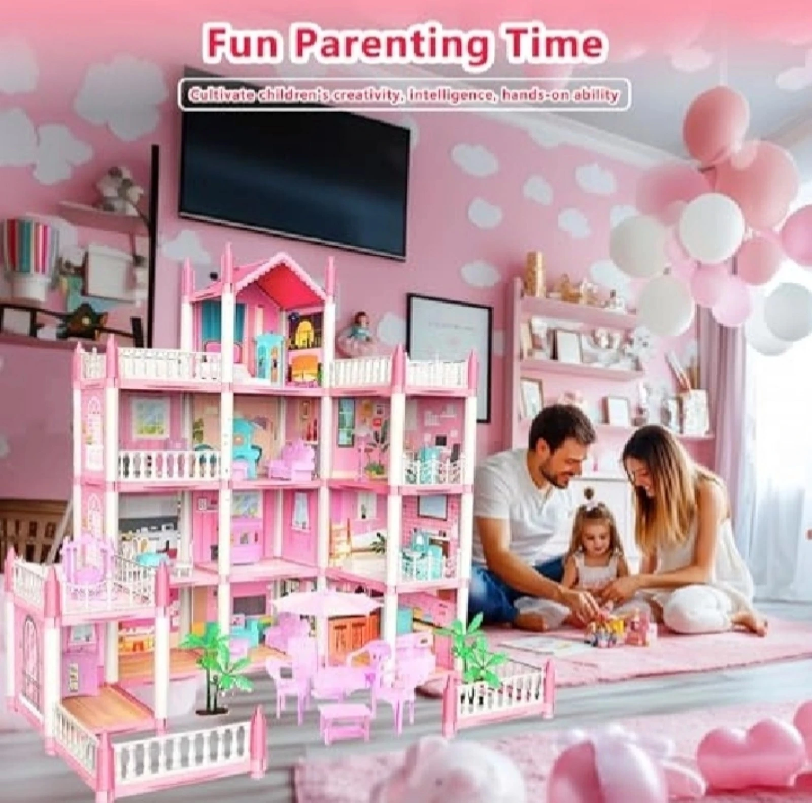 بيت دمى وردي كبير متعدد الطوابق | Large Multi-Story Pink Dollhouse