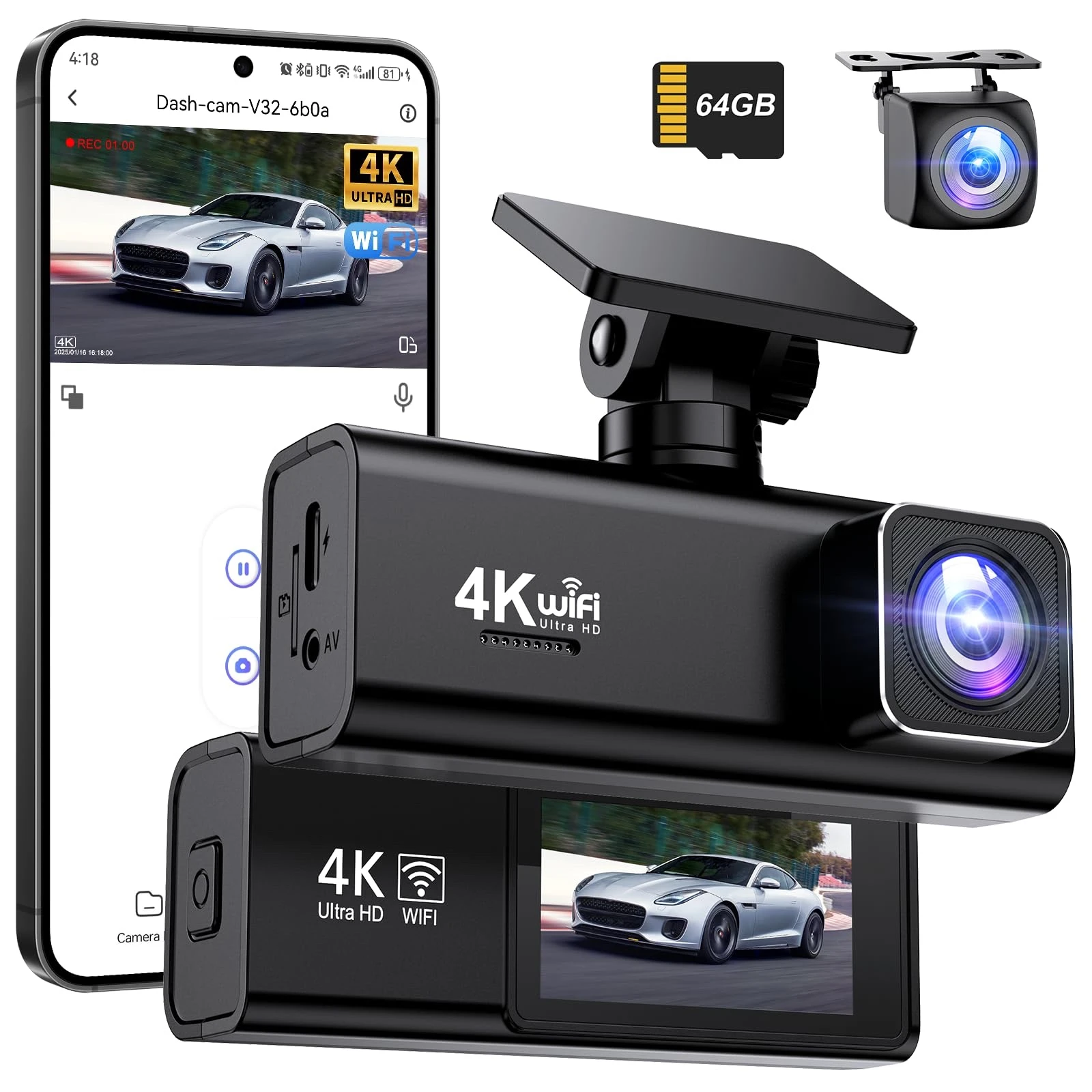 داش كام سيارة 4K الترا HD مع واي فاي وذاكرة 64GB | 4K Ultra HD WiFi Car Dash ...