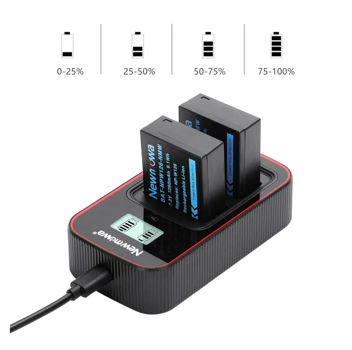 شاحن بطاريات Newmowa مزدوج لـ NP-W126 - صورة 2