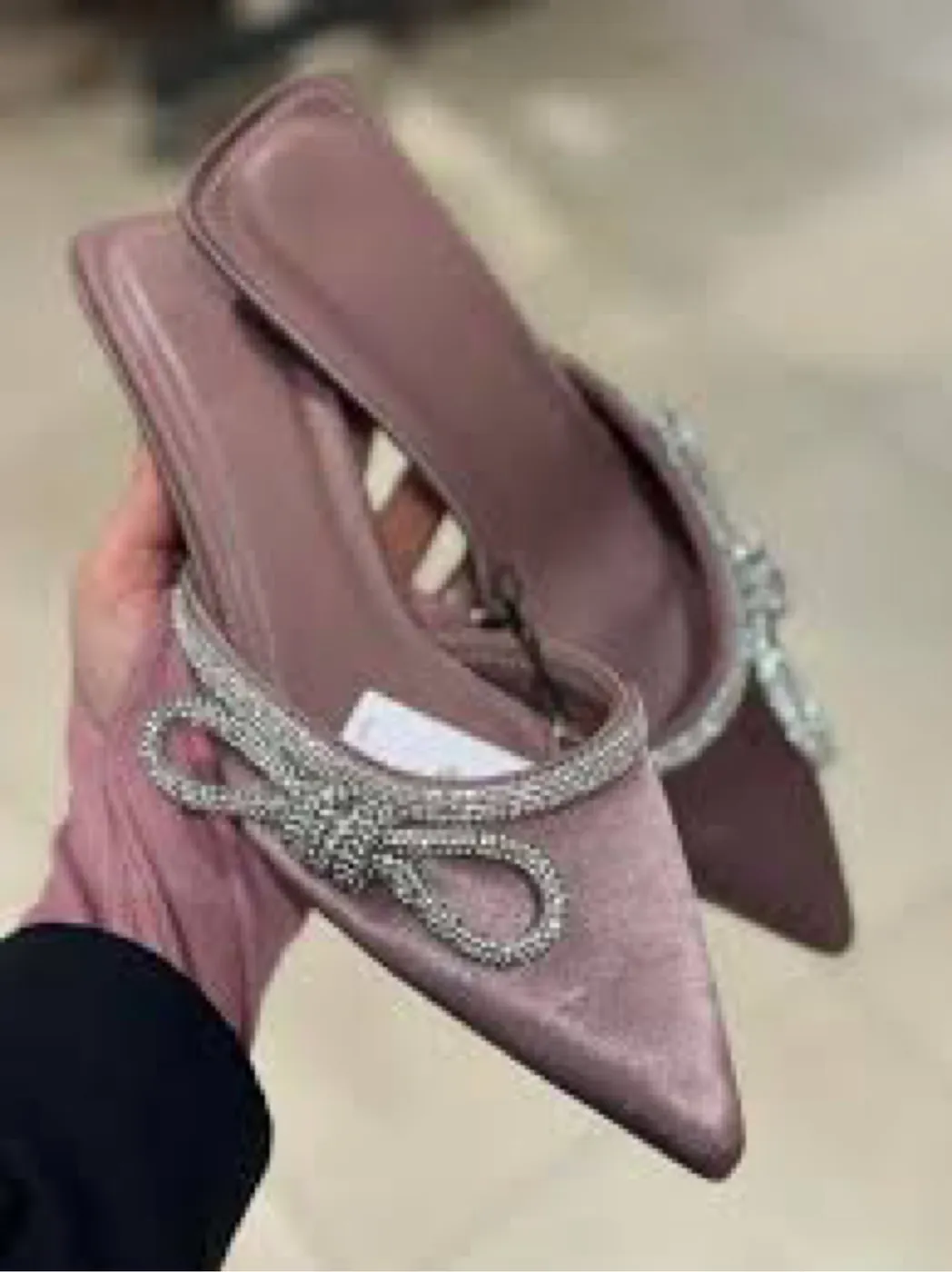 حذاء نسائي كعب عالي لون وردي مع فيونكة كريستال | Women's Pink High Heel Mules