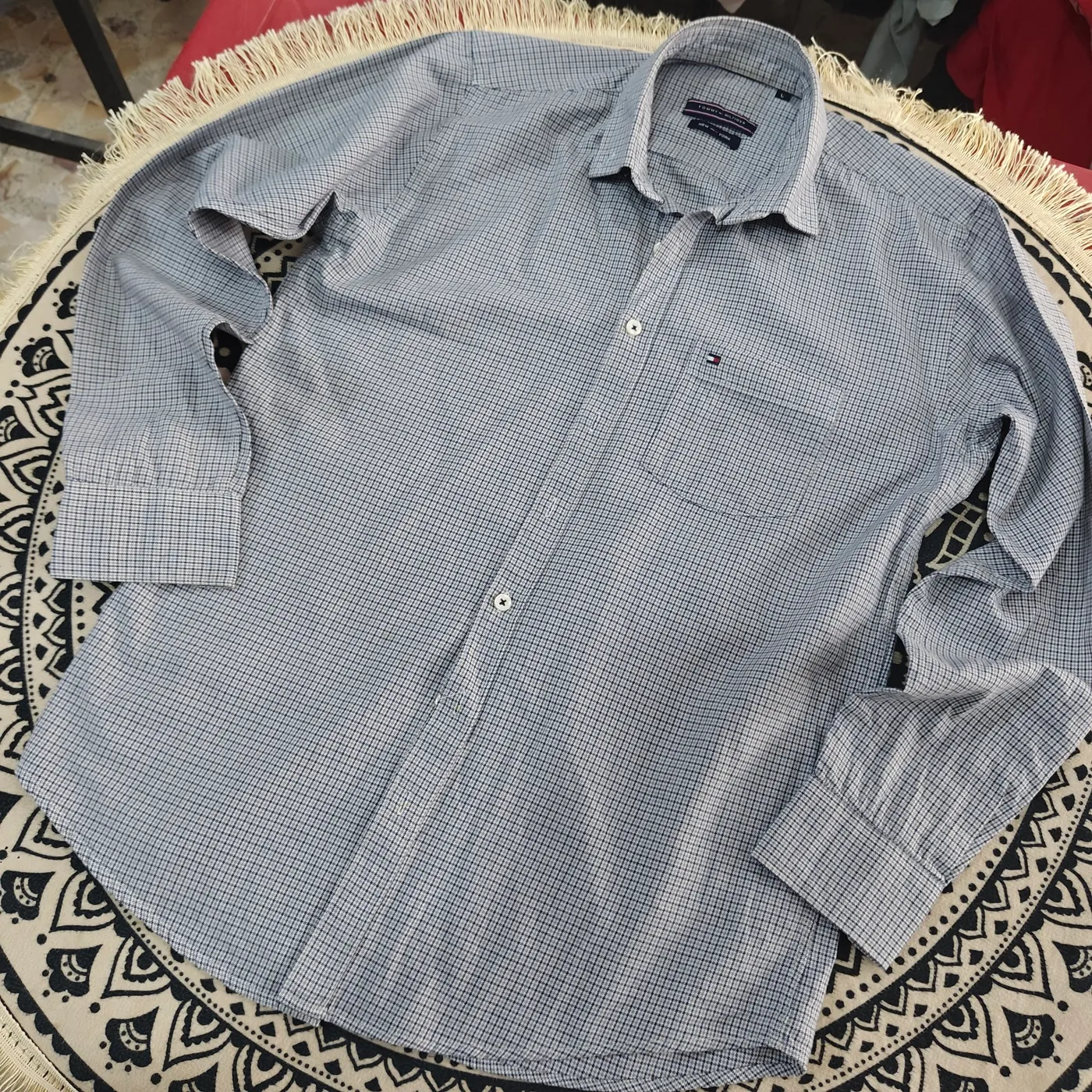 قميص تومي هيلفيغر رجالي كاروهات أزرق | Tommy Hilfiger Men's Blue Checkered Shirt