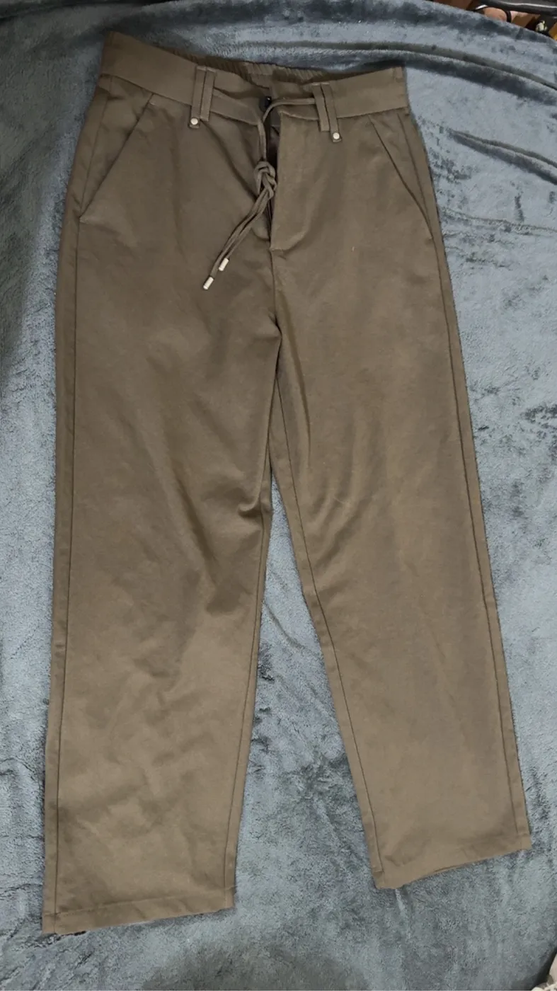 بنطلون قماش كتان جوزي برباط | Khaki Fabric Drawstring Trousers