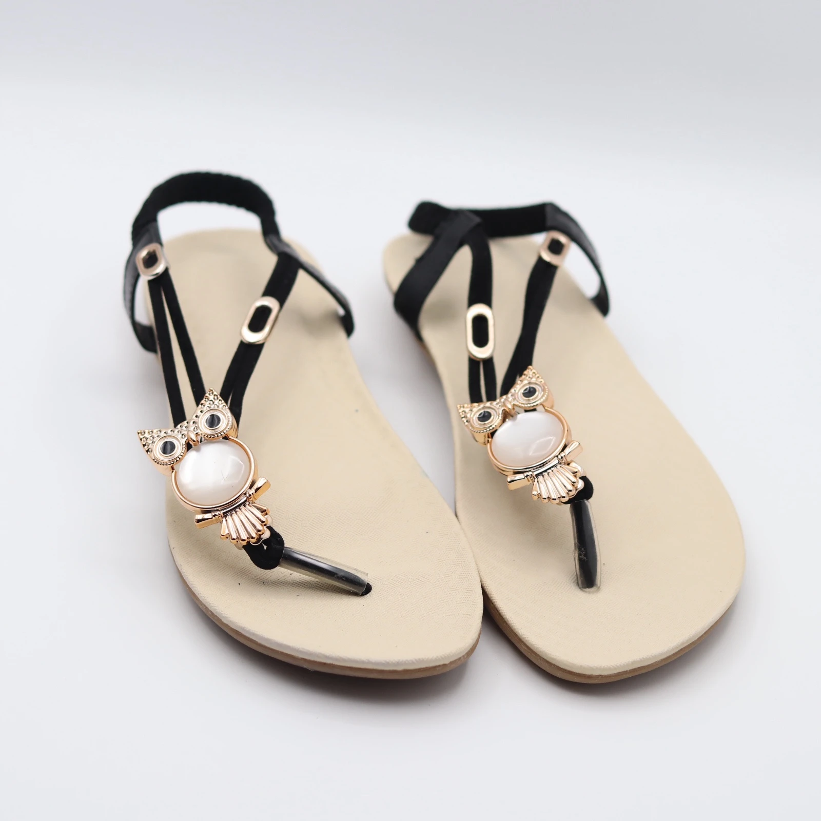 صندل نسائي أسود وبيج بتصميم بومة | Women's Black & Beige Owl Design Sandals