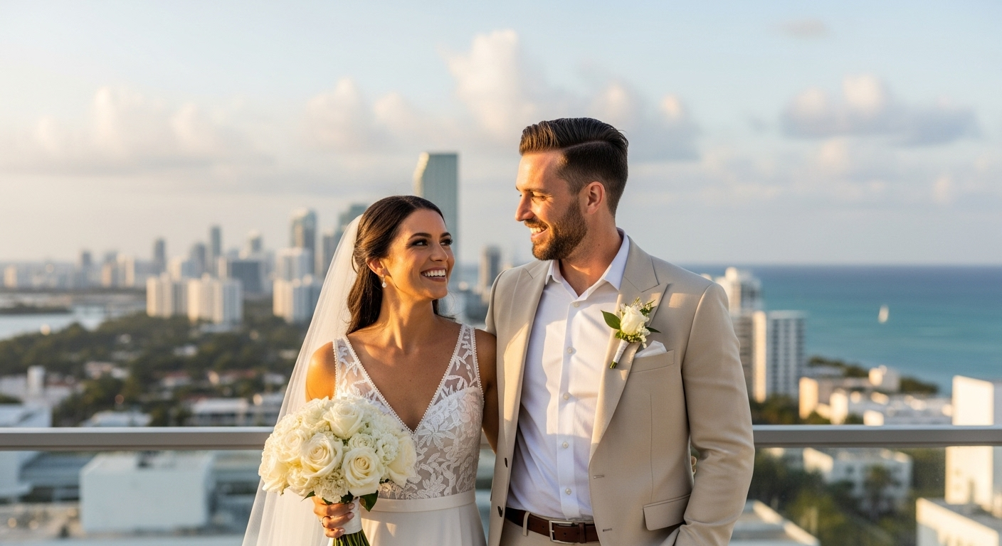 Miami couple reviewing wedding plans together on a sunny terrace