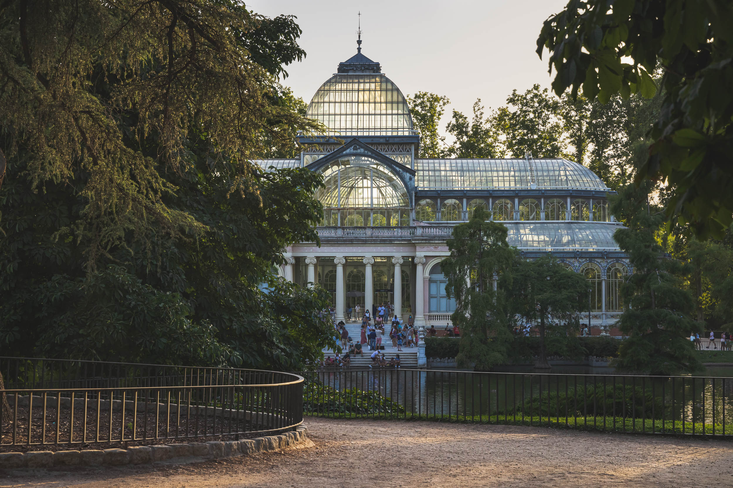 The Crystal Palace in Parque del Buen Retiro around sunset