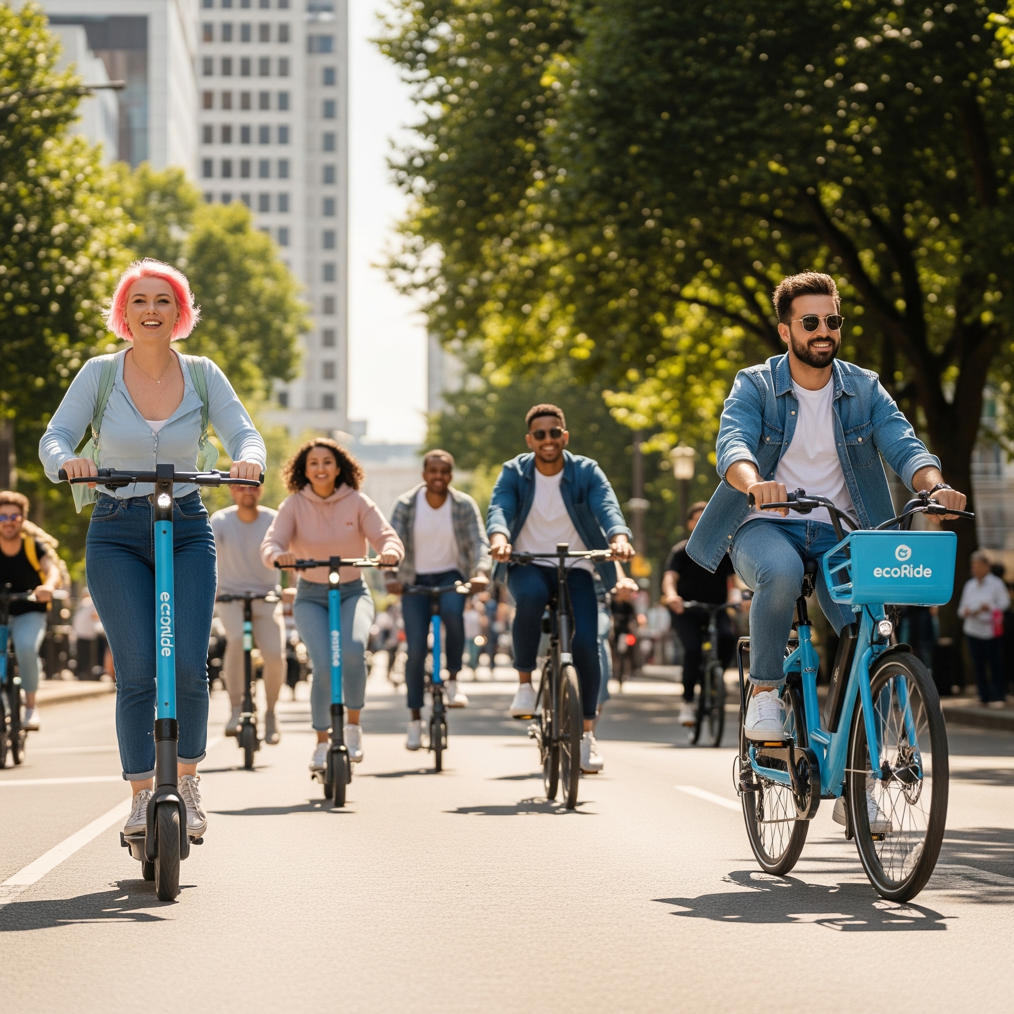 People enjoying EcoRide electric bikes and scooters in a vibrant city setting