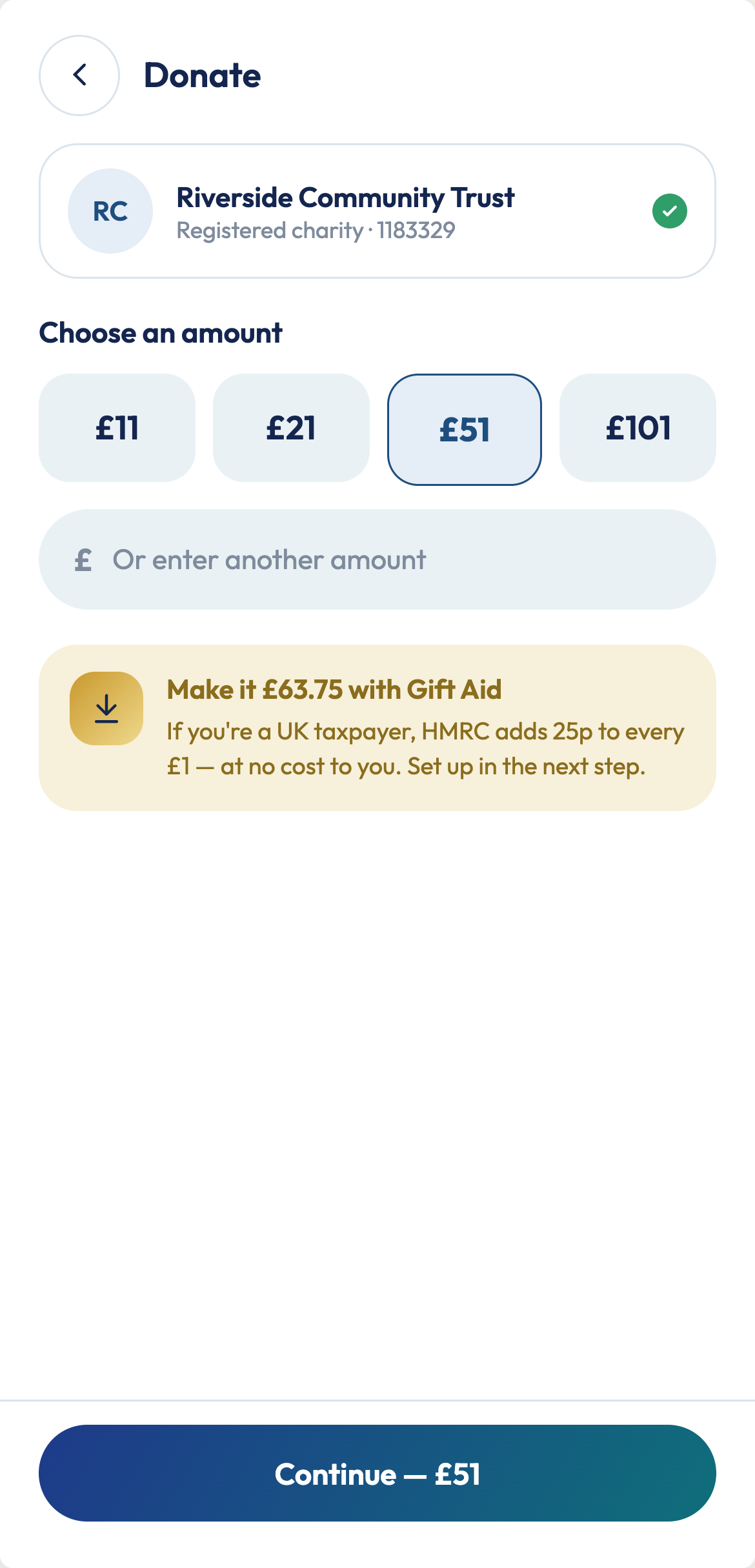 RewardsTick donation screen — choose an amount with Gift Aid