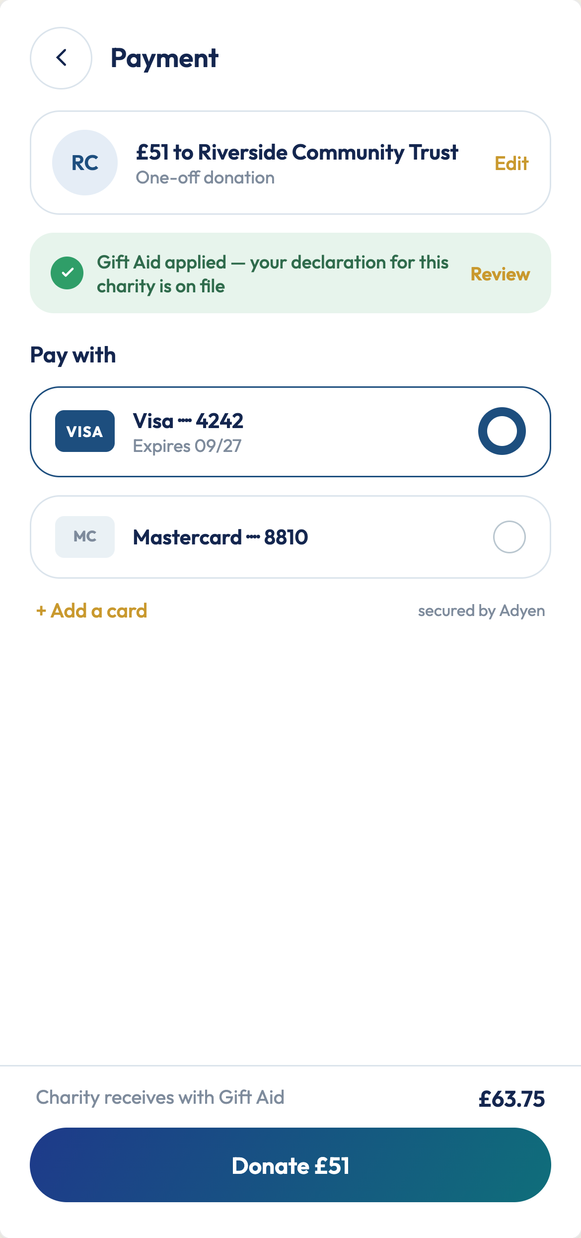 RewardsTick secure payment screen with Gift Aid applied