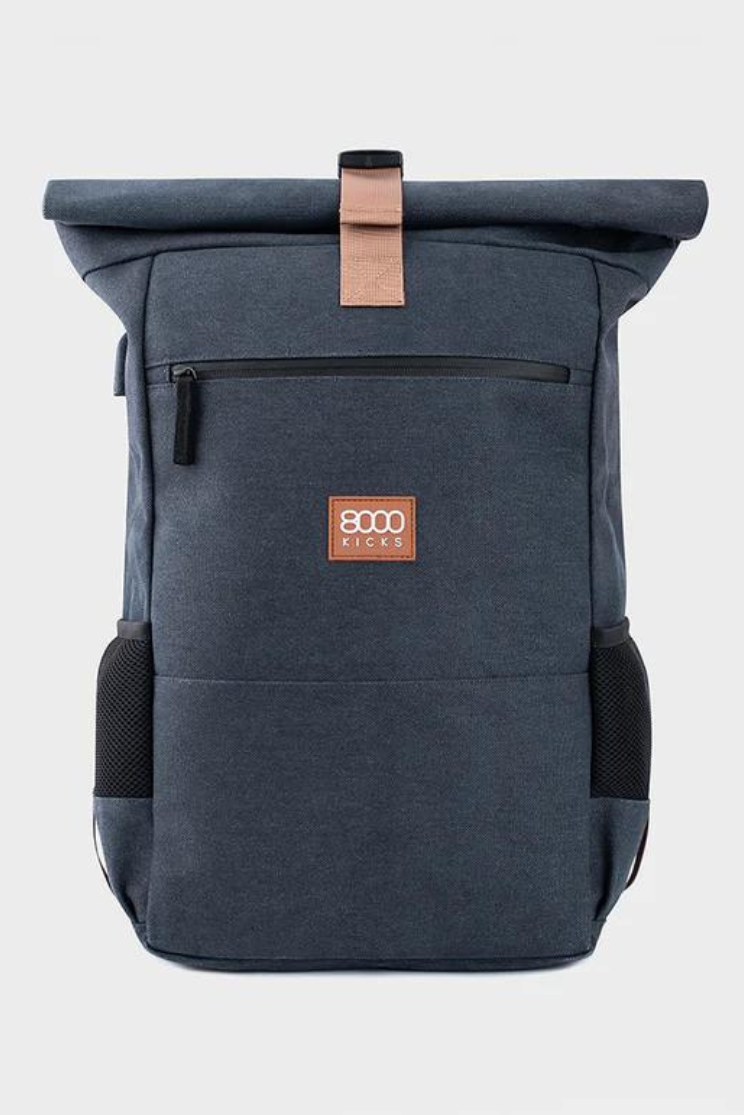a navy everyday backpack from 8000 kicks with a beige upper strap, black zipper, and red logo