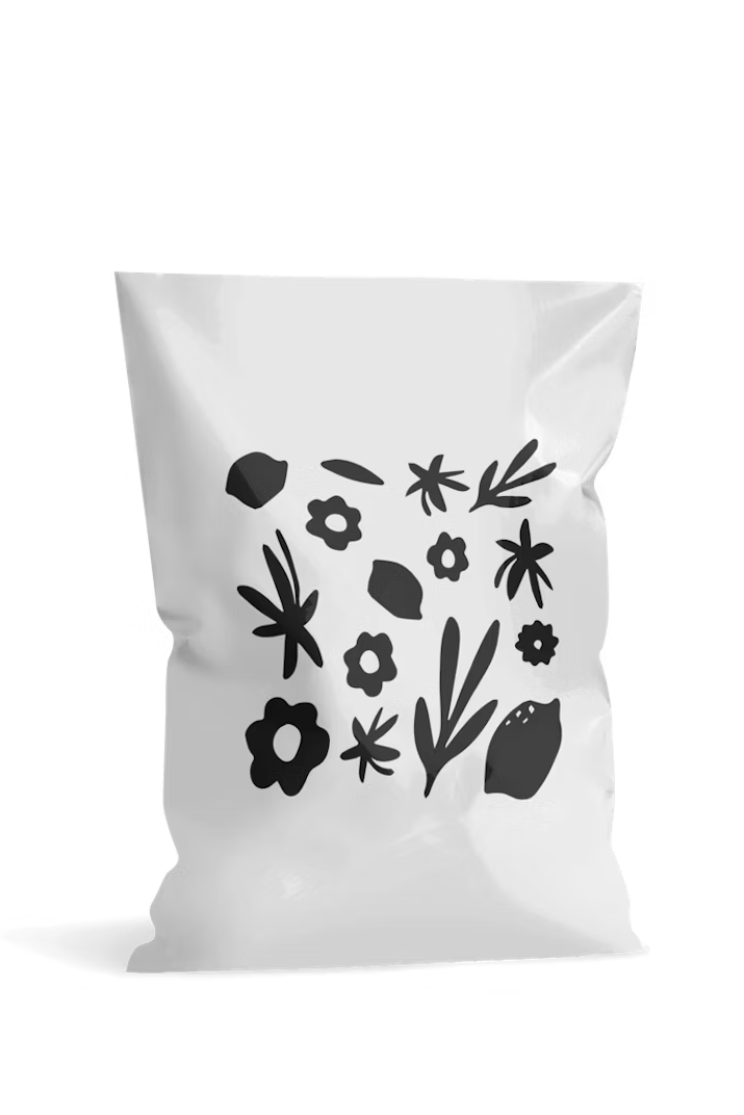 a white polybag with black floral decorations