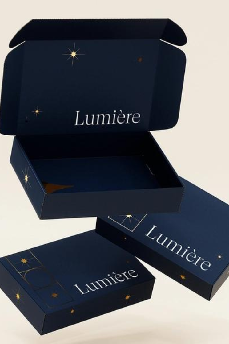 a custom box in dark blue with star-like accents and the words "lumiere"