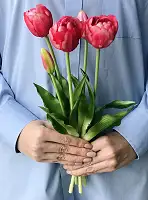 Штучні тюльпани латексні махрові, букет 5 квіток яскраво-рожевий Real Touch