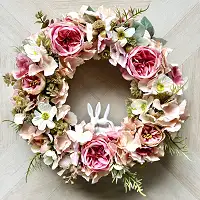 Інтер'єрний вінок на двері з штучних квітів Ніжність: троянда, гортензія, космея і керамічні зайчики, 35 см