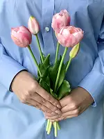 Штучні тюльпани латексні піоновидні ніжно-рожеві, букет 5 квіток Real Touch